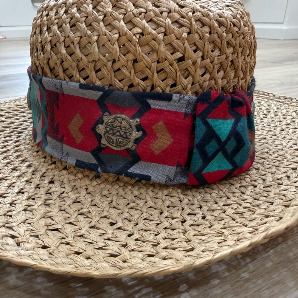 Vintage Southwestern Straw Boater Sun Hat Wide Brim Boho Charms Small 21in - Picture 2 of 13